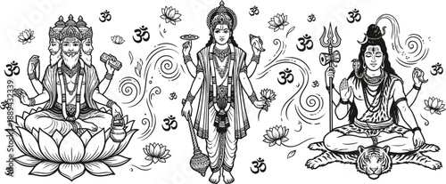 Hindu Trimurti deities Brahma Vishnu and Shiva vector illustration