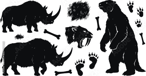 Ice age prehistoric animals silhouette set vector illustration