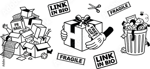 Influencer PR haul and unboxing packaging vector illustration