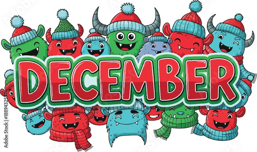 Festive Cartoon Monsters Celebrating December with Santa Hats and Scarves