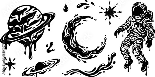 Melting astronaut and planet space elements vector illustration