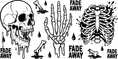 Melting skull and skeleton parts with drips vector illustration