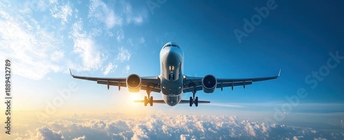 Front view of a passenger jet flying above golden clouds at sunrise under a dramatic blue sky, conveying majestic power and serene freedom