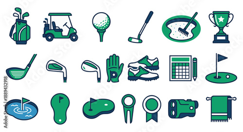 20 Professional Golf Equipment and Course Management Icons Set