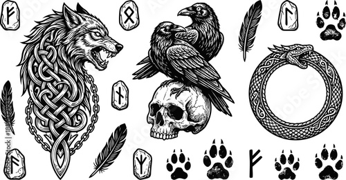 Norse mythology symbols and mystical creatures collection illustration