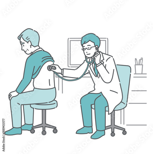 白衣を着用した男性医師による高齢男性の背中の聴診イラスト