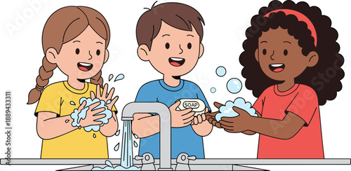 Happy cartoon children washing hands with soap together, kids hygiene education concept, diverse boys and girls practicing healthy habits