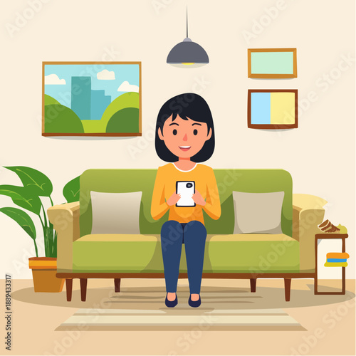 A woman is happily looking at a mobile phone while sitting on a comfortable sofa in a cozy interior