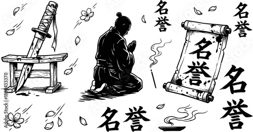 Samurai warrior praying with katana and scroll vector illustration