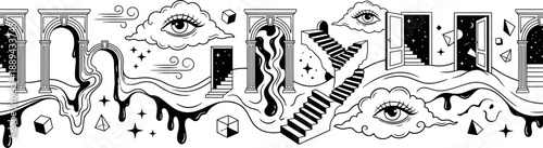 Surreal mystical landscape with doors archways and eyes vector illustration