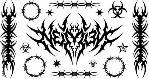 Tribal tattoo elements and barbed wire set vector illustration