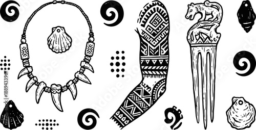 Tribal artifacts and indigenous tattoo sleeve vector illustration