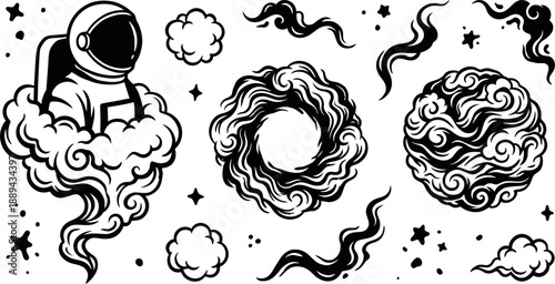Astronaut and cosmic vortex elements set vector illustration