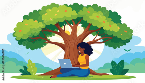 Woman Sitting Under Tree Using Laptop.