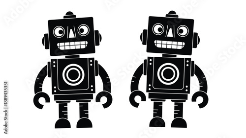 Two smiling black and white robotic figures stand facing forward exhibiting playful designs
