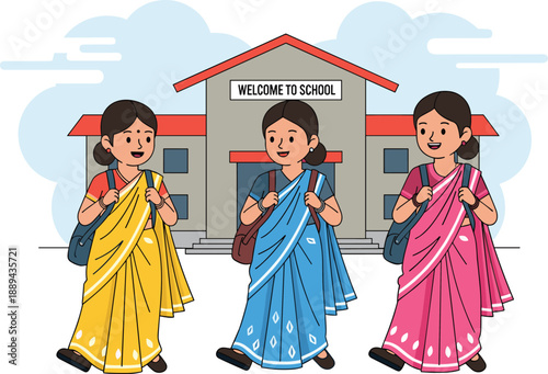 Indian schoolgirls walking in front of school building wearing traditional saree, education concept, cultural diversity, cartoon illustration