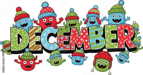 Colorful cartoon characters celebrating December with festive hats and joyful expressions