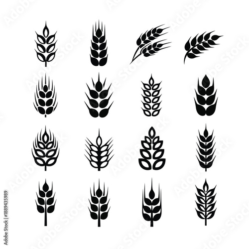 Collection of stylized black wheat stalks and grain heads arranged in neat rows
