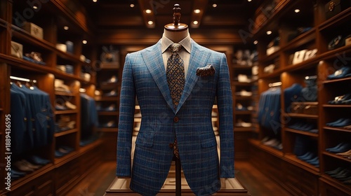 Mannequin wearing a blue plaid suit jacket with dress shirt, patterned tie and pocket square in a warm wood-lined menswear boutique showcasing jackets, shoes and accessories, evoking refined elegance