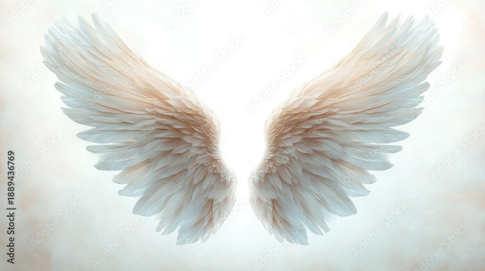 Fototapeta premium Soft white feathered wings spread symmetrically against a glowing pale backdrop, evoking serenity, grace and uplift