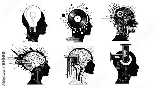 Conceptual illustration of human heads filled with technology records and brain imagery