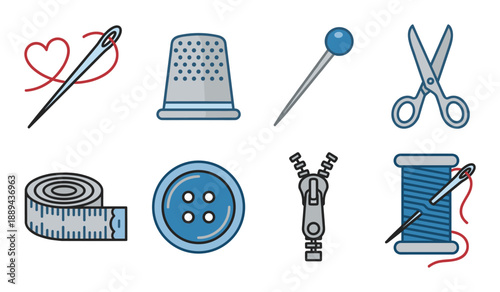 Illustrations of sewing, tailoring and clothing equipment. Needle, thimble, scissors, thread, zipper, button.