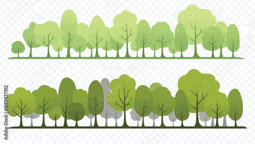 Stylized green trees in rows with varying shades and a brick wall background