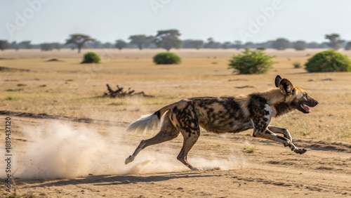 African Wild Dog sprinting across dusty savanna in full pursuit, capturing a moment of raw speed and instinct.