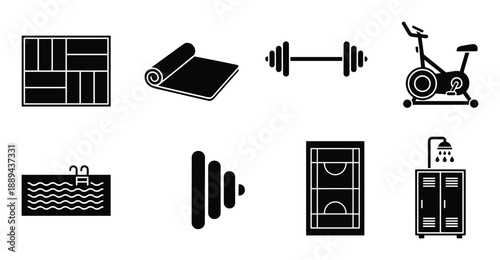 A complete gym and fitness icons set including pool, yoga mat, dumbbell, exercise bike, locker and shower icons.