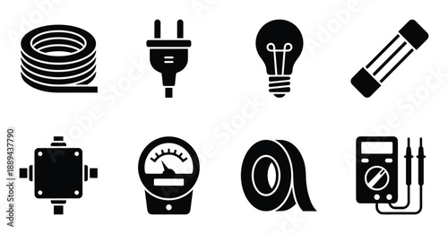 A set of electrical components in black silhouette including cable, plug, bulb, fuse, meter and tape.