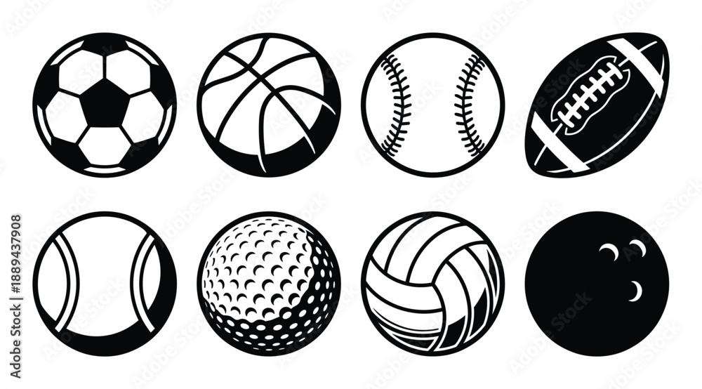 Obraz premium A set of sports balls illustration. Includes football, soccer, basketball, tennis, golf, bowling, baseball, volleyball.