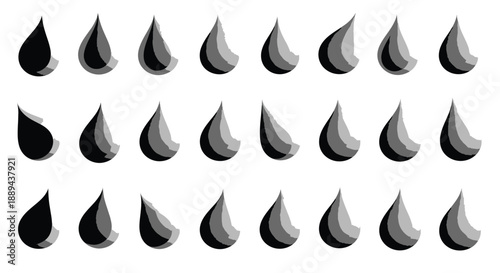 A grayscale arrangement of water droplets demonstrates a gradient of shading and form on a white background
