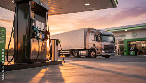 Truck Refueling at Gas Station during Sunset
