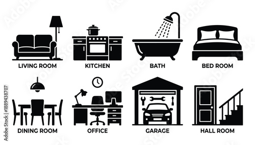 Black and white house rooms vector icon collection: living, kitchen, bath, bed, dining, office, garage, and hall.