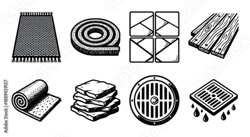 Black and white vector graphics showing flooring materials like rugs, carpet rolls, floor tiles, wood, and drains.