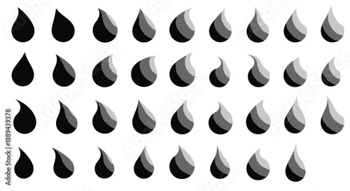 A collection of grayscale teardrop shapes arranged in a grid pattern on a white background