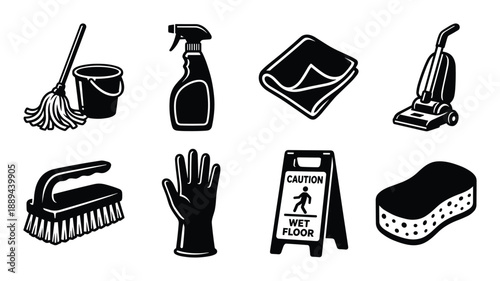 Cleaning tools vector icons set includes mop, bucket, spray, cloth, vacuum, brush, glove, wet floor sign, and sponge.
