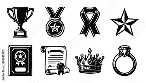 Collection of award icons. Achievement, success, and victory related elements in black and white monochrome style.