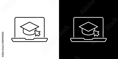 Single icon of online learning concept with a laptop and graduation cap, representing education and knowledge acquisition