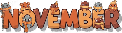 Cartoon characters decorating the word November with autumn-themed objects