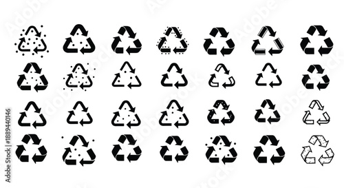 A collection of various recycling symbol icons arranged in a grid pattern on a white background