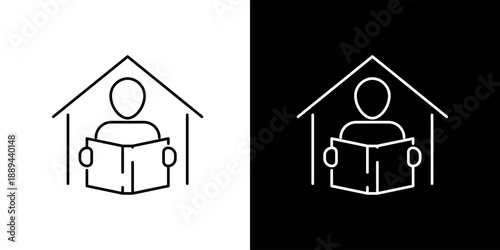 Minimalist line art icon portraying a person reading a book within a house, symbolizing home education, remote study, or quiet personal time