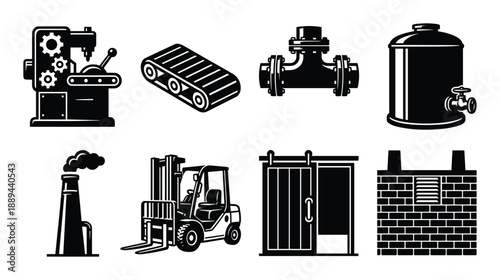 Collection of factory machinery vector illustrations including forklift, conveyor belt, and brick wall.