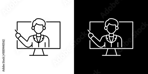 Vector icon of an online instructor pointing on a computer screen, representing digital education, e-learning platforms, and virtual academic webinars