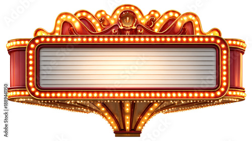 Isolated vintage theater marquee with illuminated lights and empty display board.