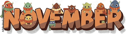 Cartoon characters decorating the word November in a festive autumn scene