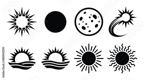 Collection of sun and moon phase variations. Black vector icons featuring different celestial symbols.