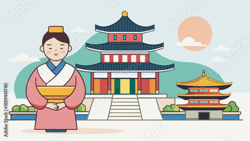 Traditional Korean Woman in Hanbok with Palace Illustration