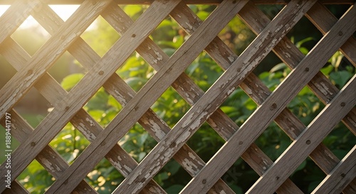 A wooden lattice fence in a garden with lush greenery and sunlight shining through