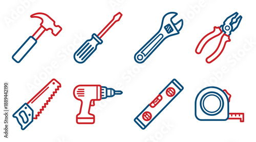 Construction and repair tools. Icons set of hammer, screwdriver, wrench, pliers, saw, drill, level, tape measure.